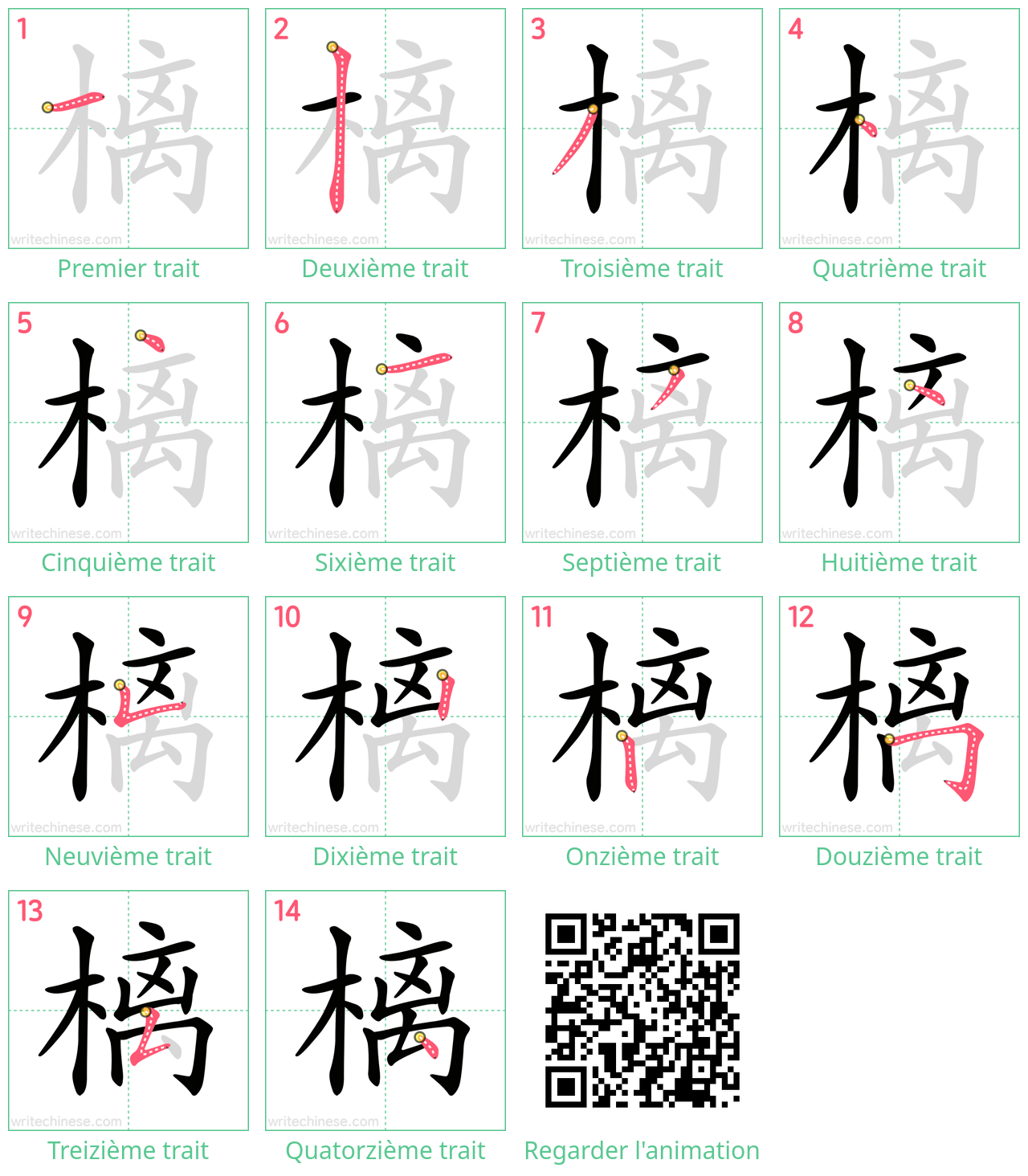 Diagrammes d'ordre des traits étape par étape pour le caractère 樆