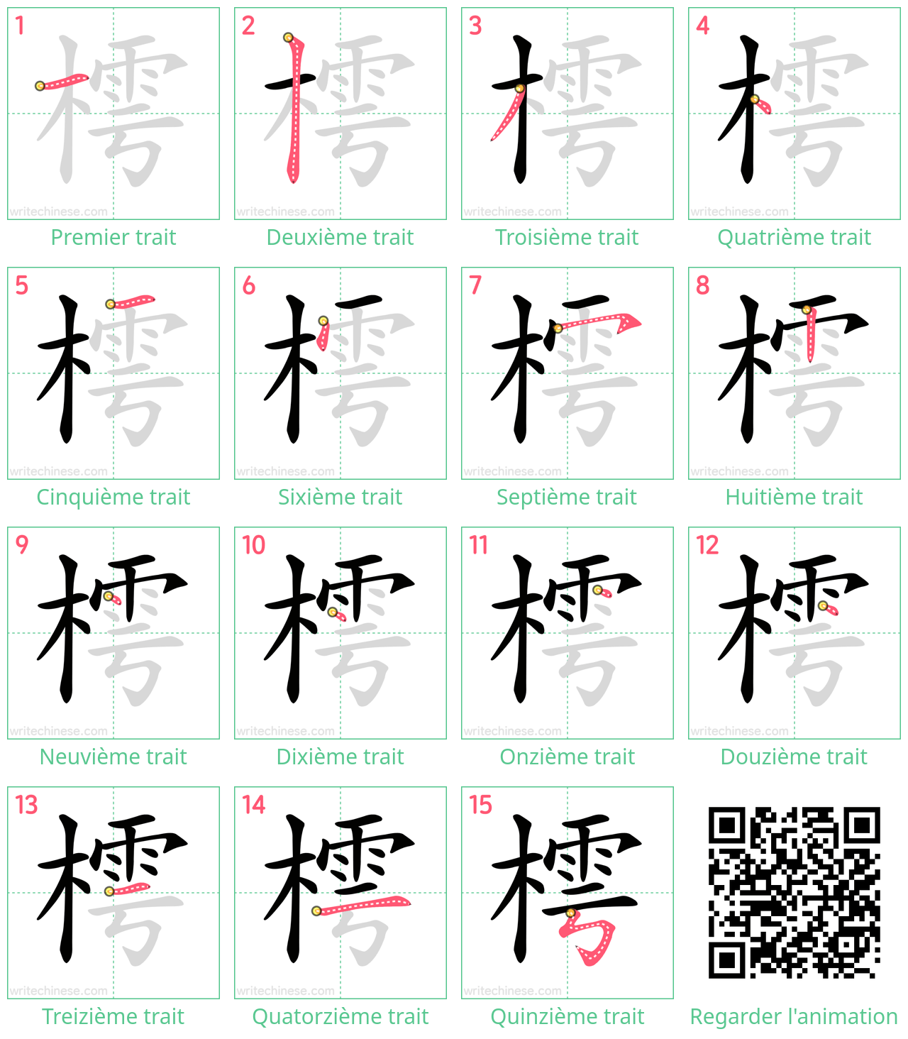 Diagrammes d'ordre des traits étape par étape pour le caractère 樗