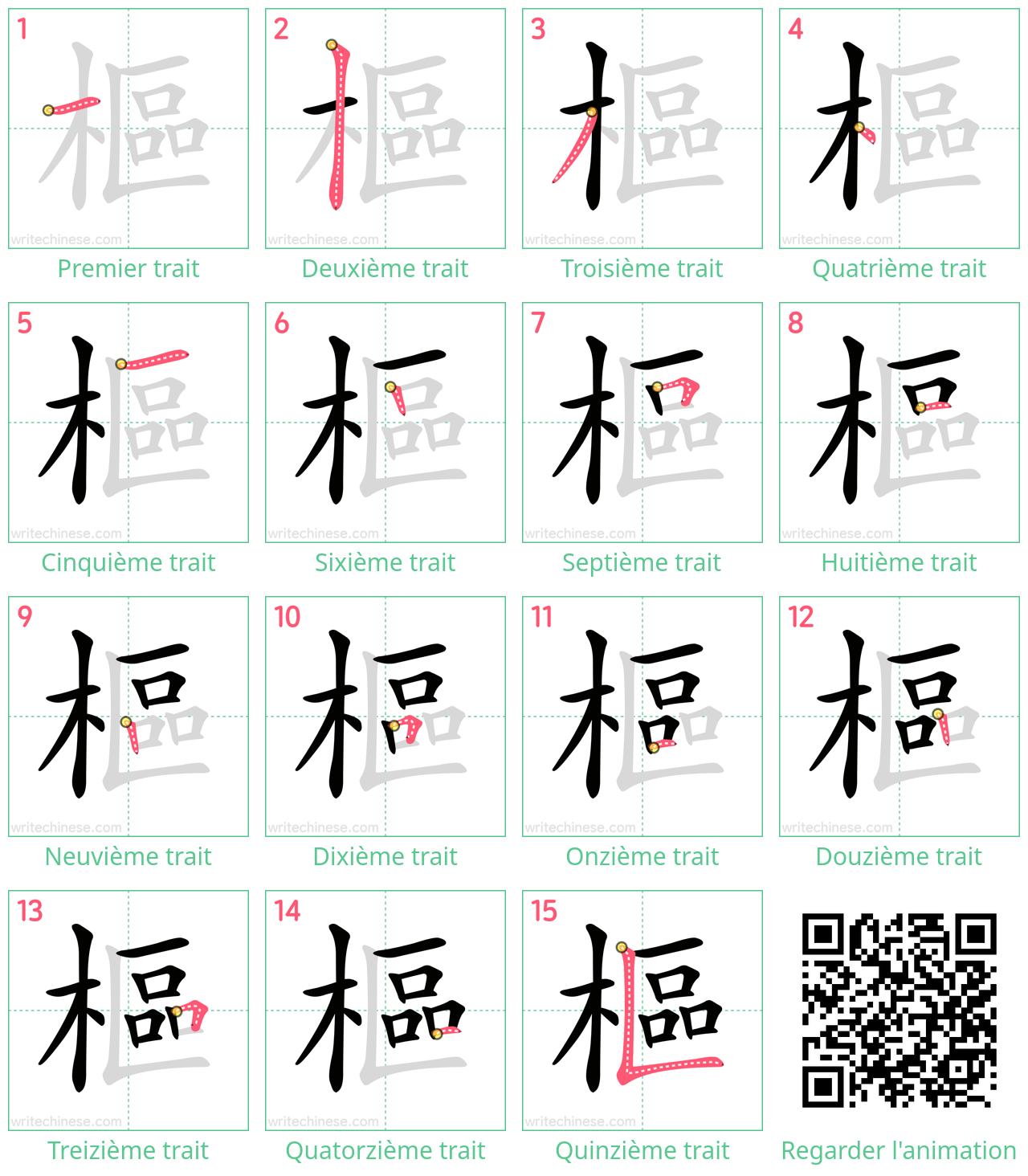Diagrammes d'ordre des traits étape par étape pour le caractère 樞