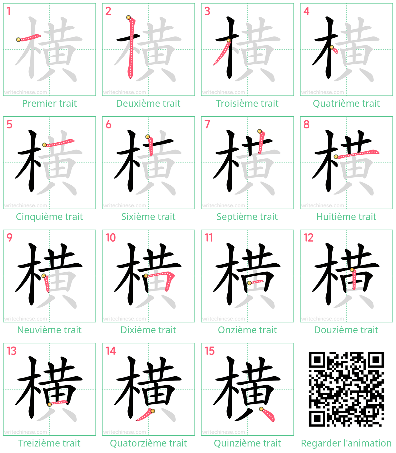 Diagrammes d'ordre des traits étape par étape pour le caractère 横