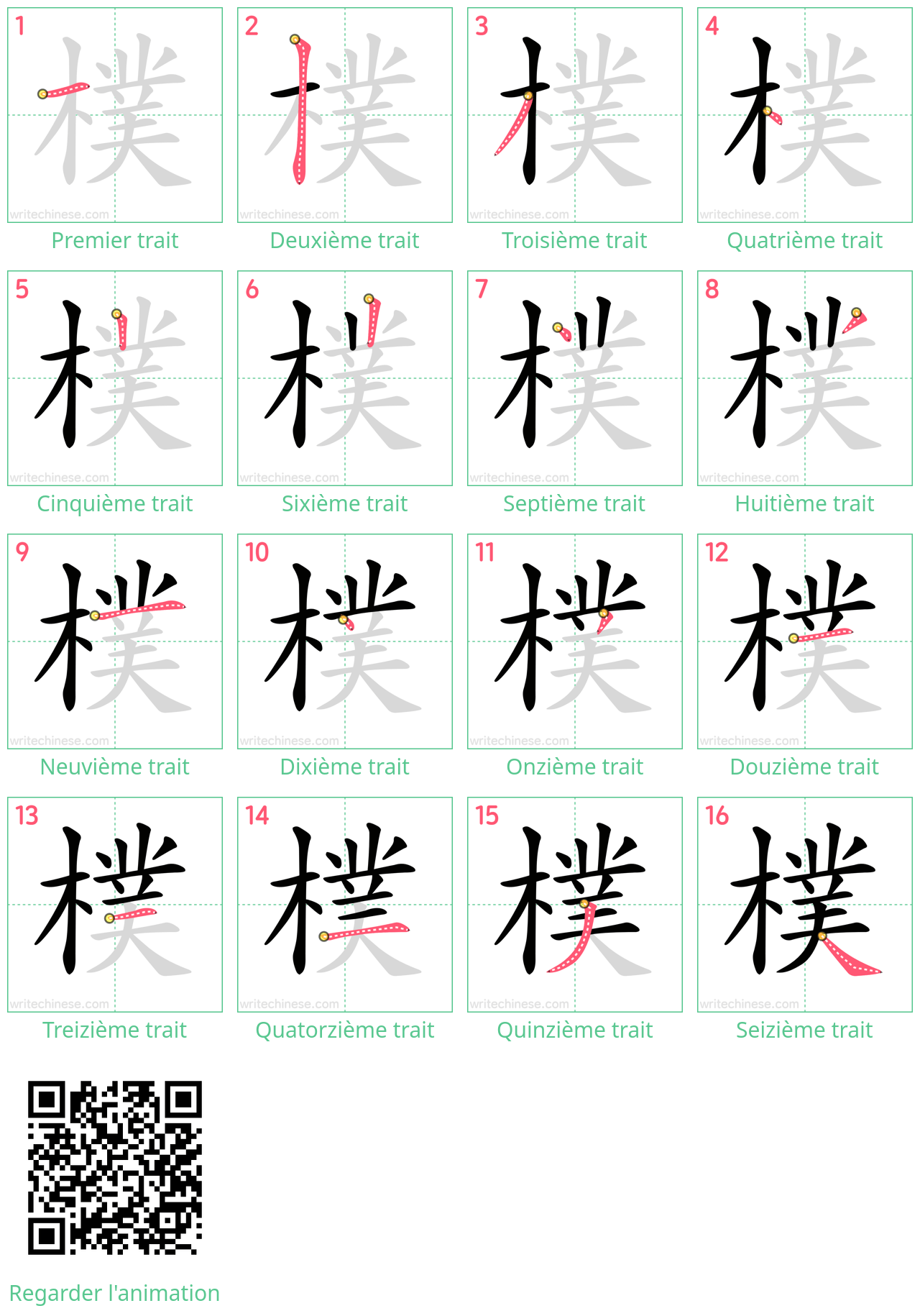 Diagrammes d'ordre des traits étape par étape pour le caractère 樸