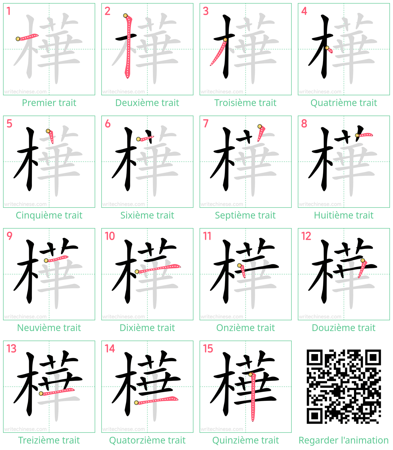 Diagrammes d'ordre des traits étape par étape pour le caractère 樺