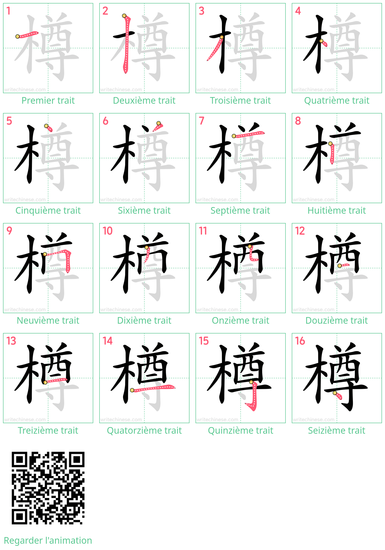 Diagrammes d'ordre des traits étape par étape pour le caractère 樽