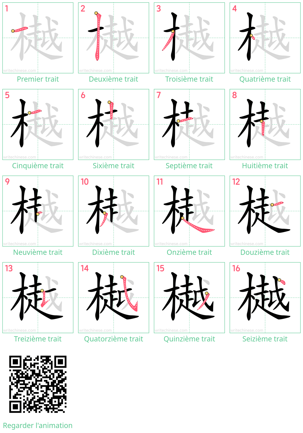 Diagrammes d'ordre des traits étape par étape pour le caractère 樾