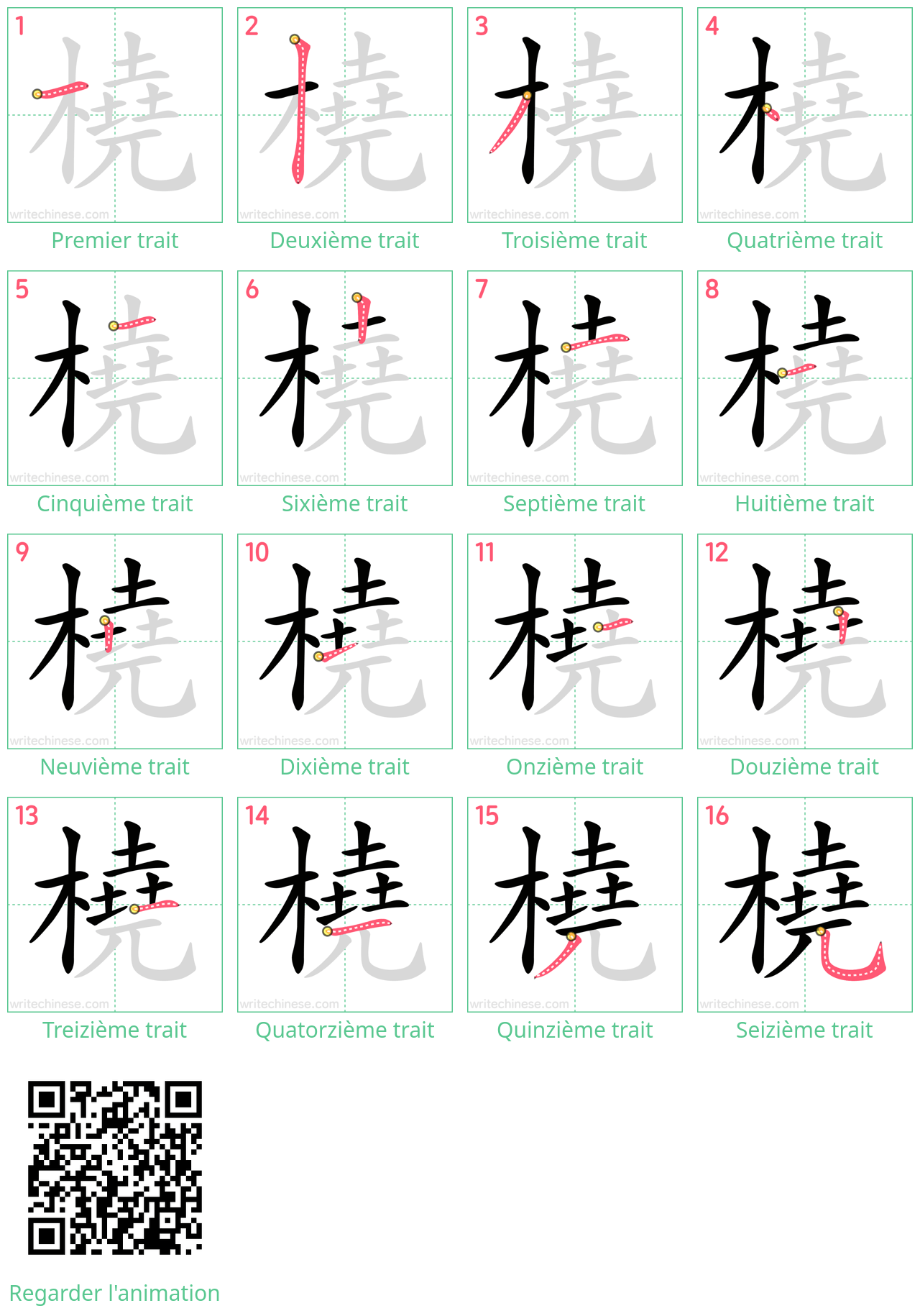 Diagrammes d'ordre des traits étape par étape pour le caractère 橈