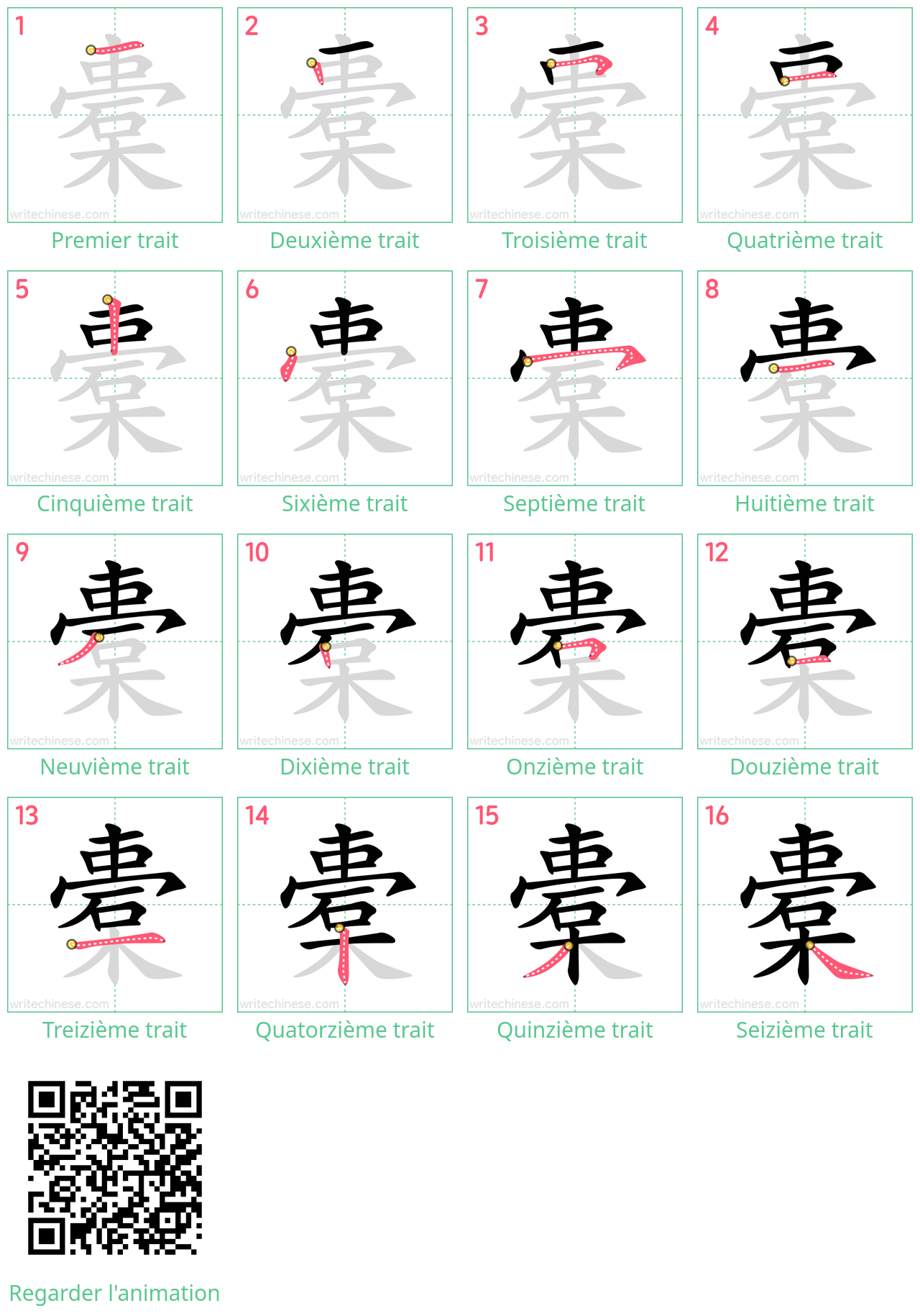 Diagrammes d'ordre des traits étape par étape pour le caractère 橐