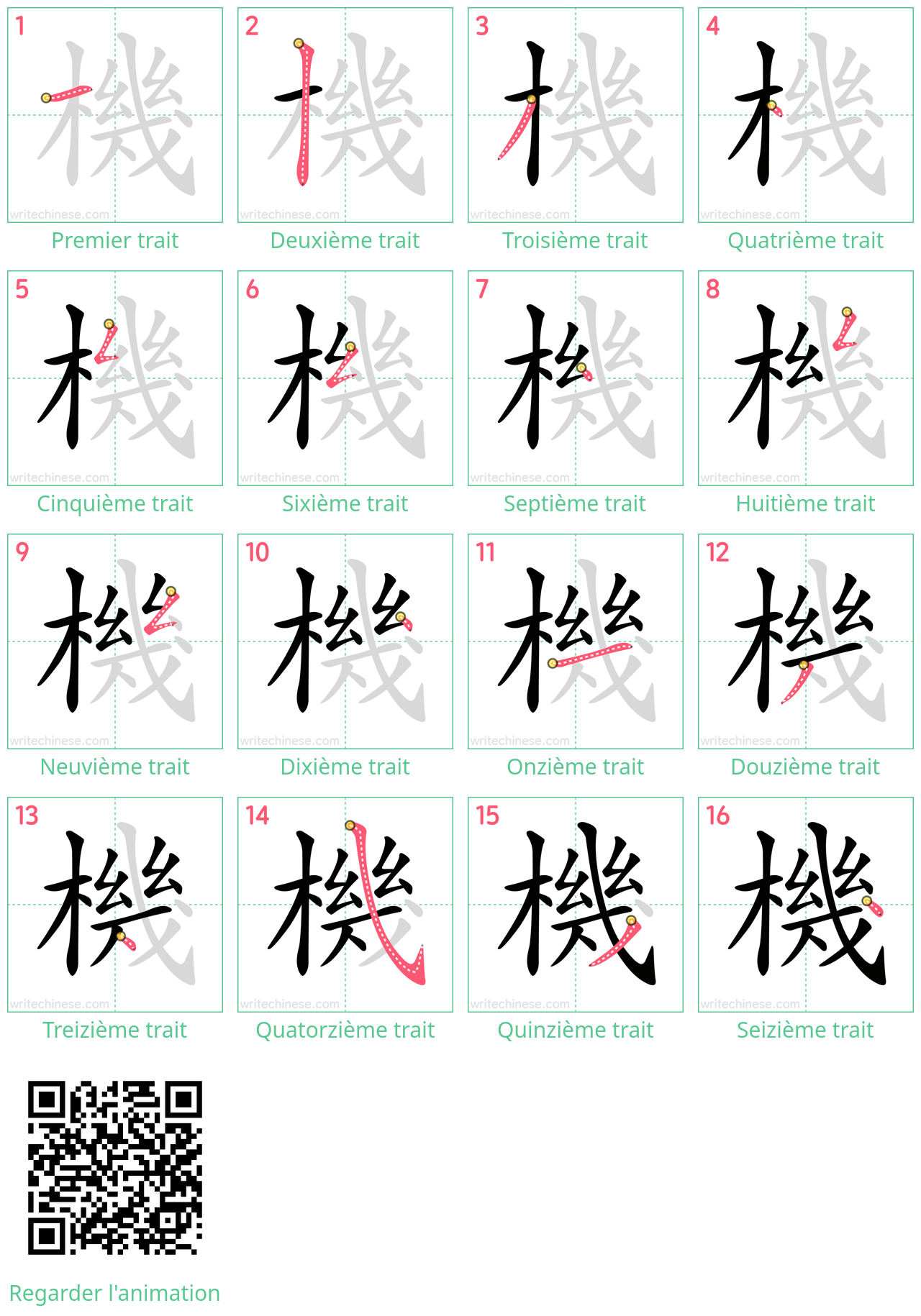 Diagrammes d'ordre des traits étape par étape pour le caractère 機