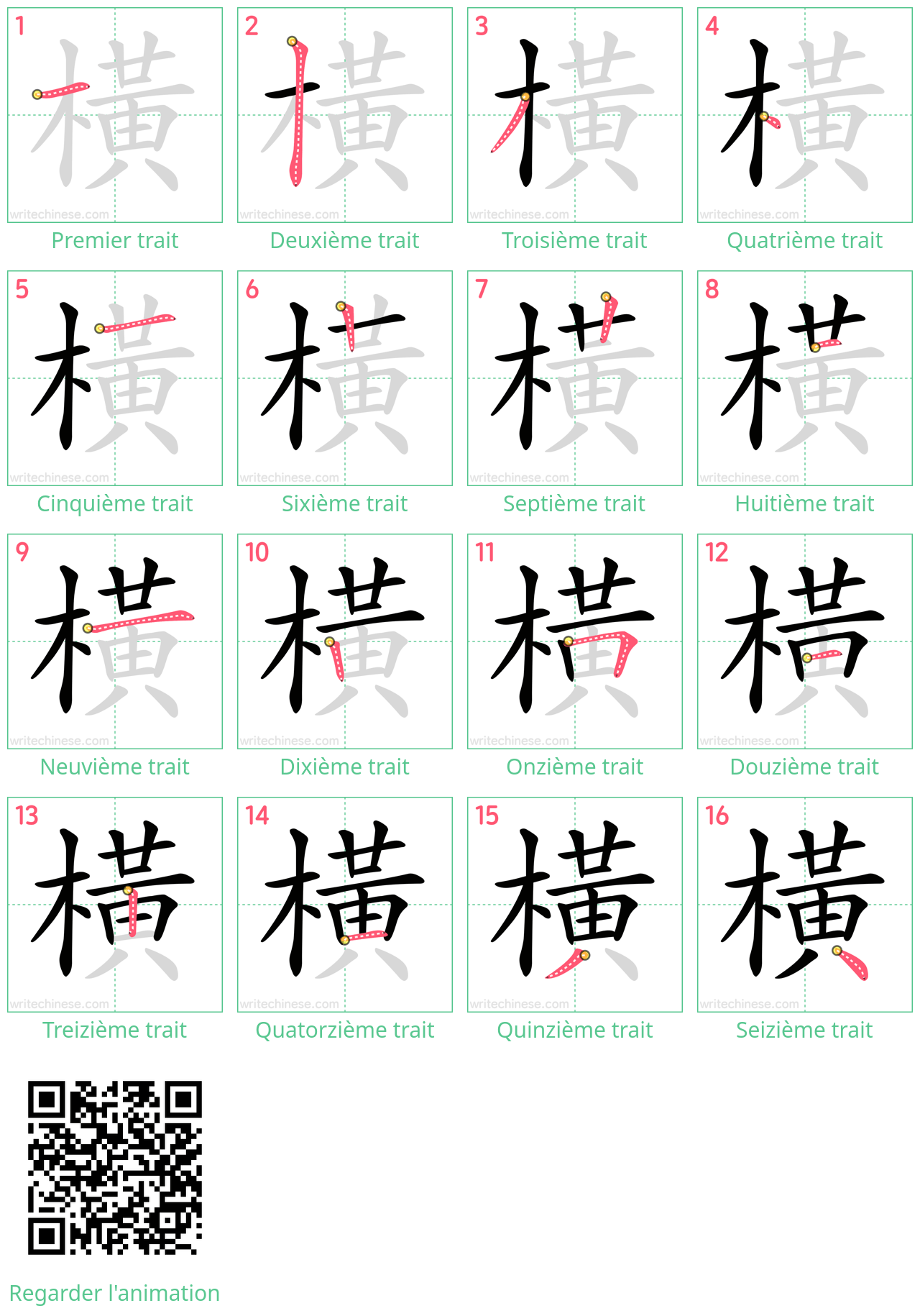 Diagrammes d'ordre des traits étape par étape pour le caractère 橫