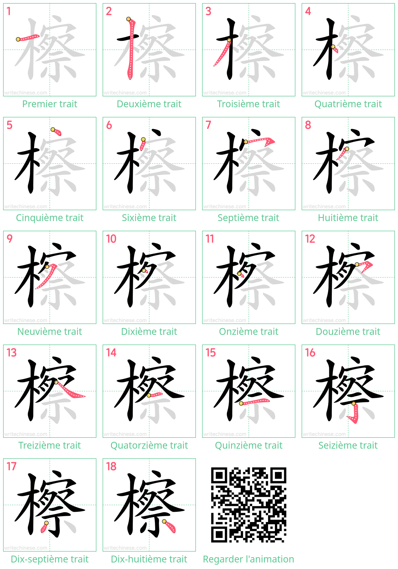 Diagrammes d'ordre des traits étape par étape pour le caractère 檫