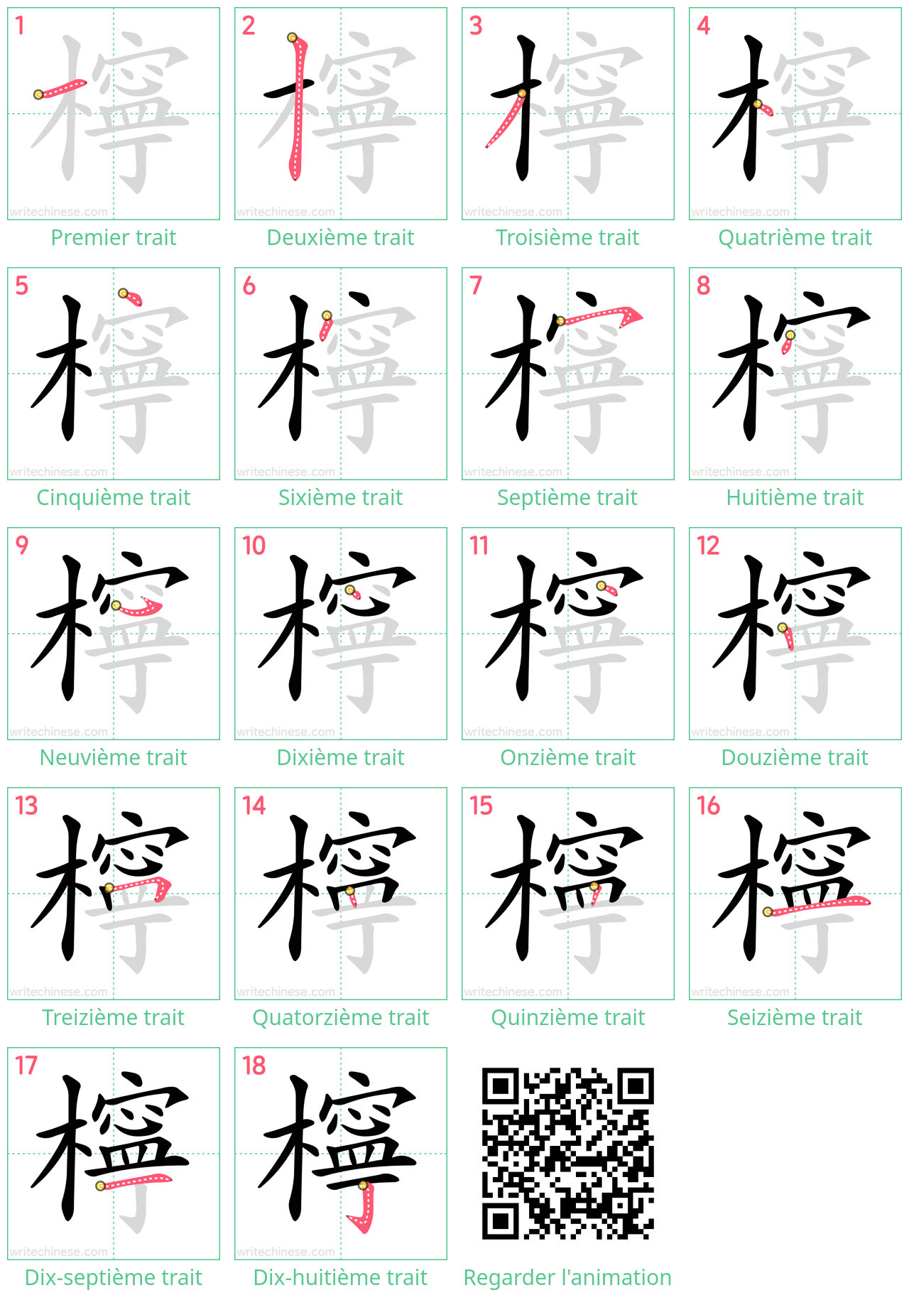 Diagrammes d'ordre des traits étape par étape pour le caractère 檸