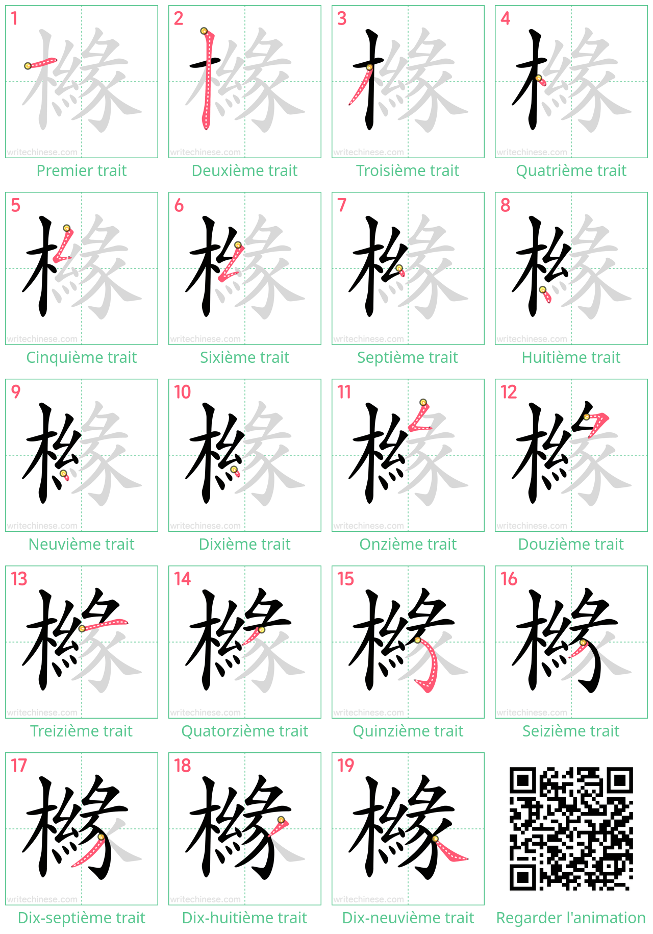 Diagrammes d'ordre des traits étape par étape pour le caractère 櫞