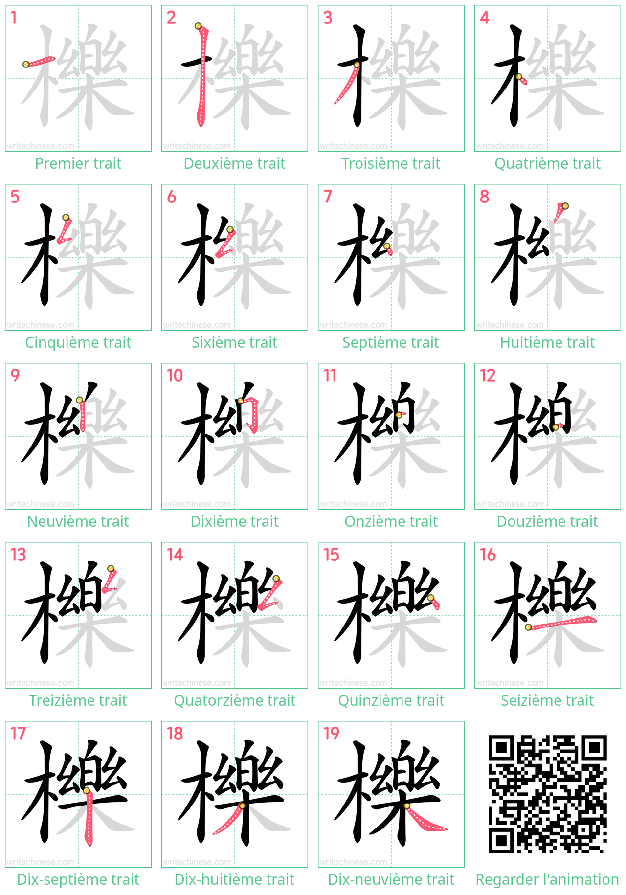 Diagrammes d'ordre des traits étape par étape pour le caractère 櫟