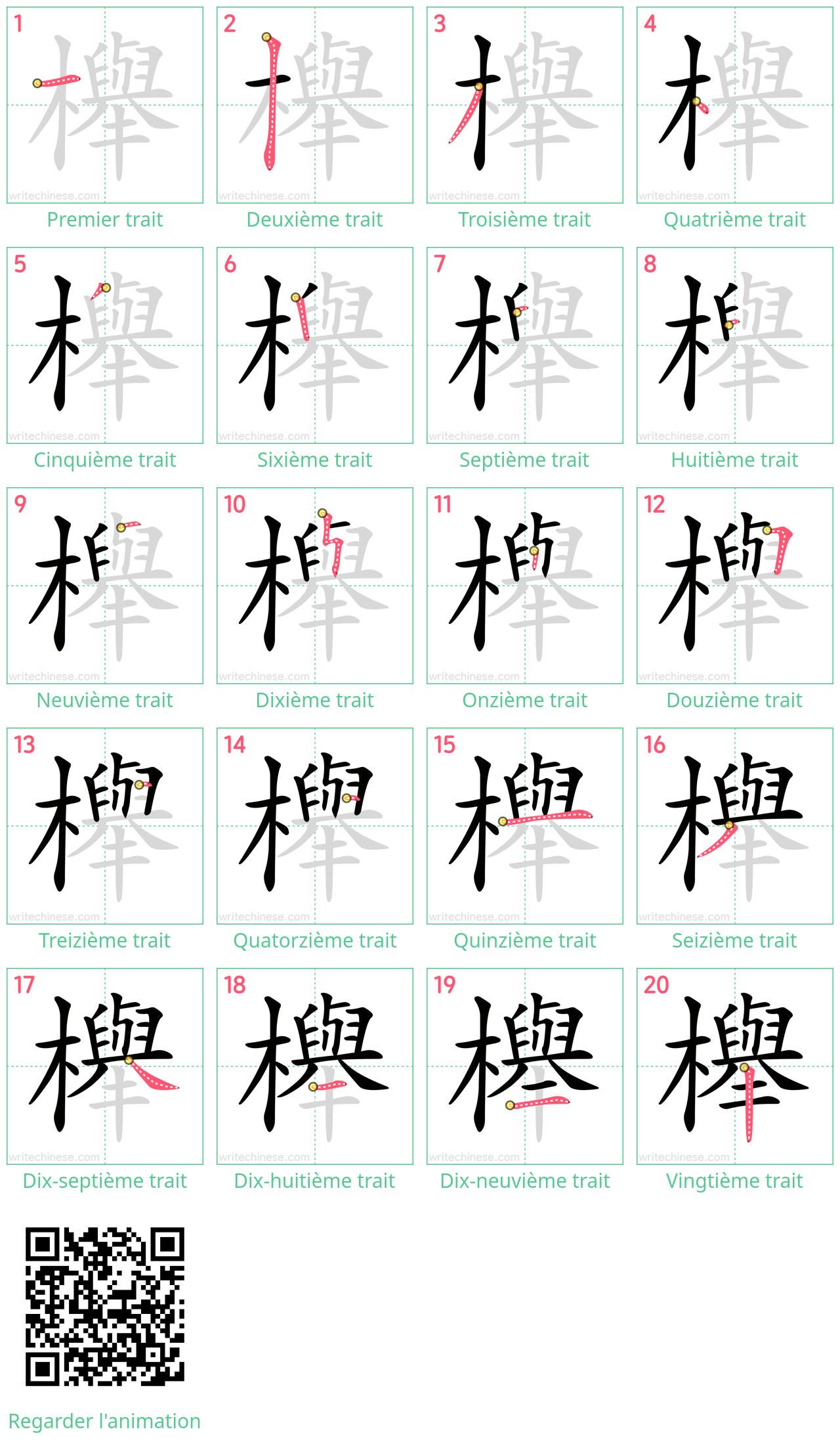 Diagrammes d'ordre des traits étape par étape pour le caractère 櫸