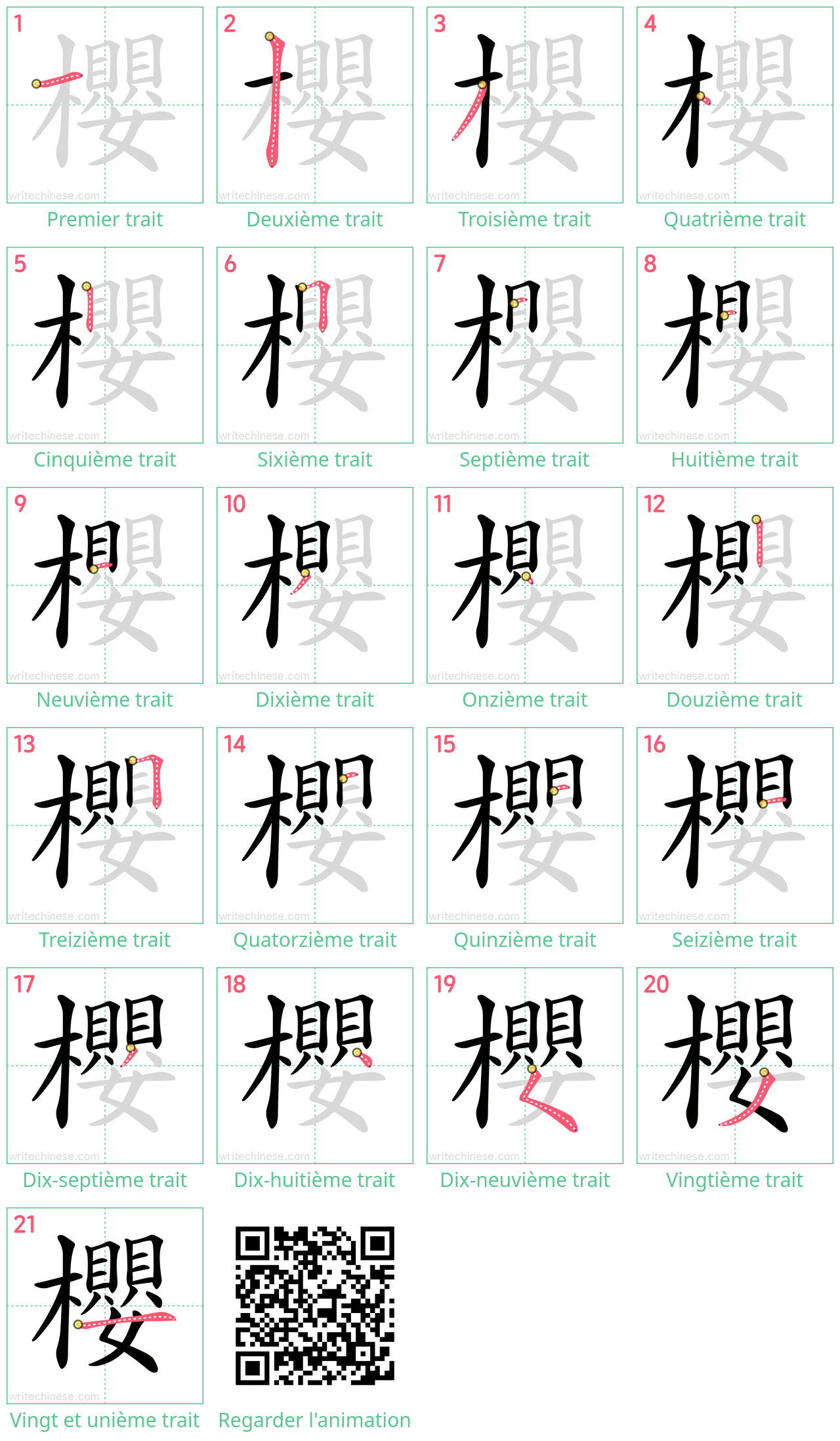 Diagrammes d'ordre des traits étape par étape pour le caractère 櫻