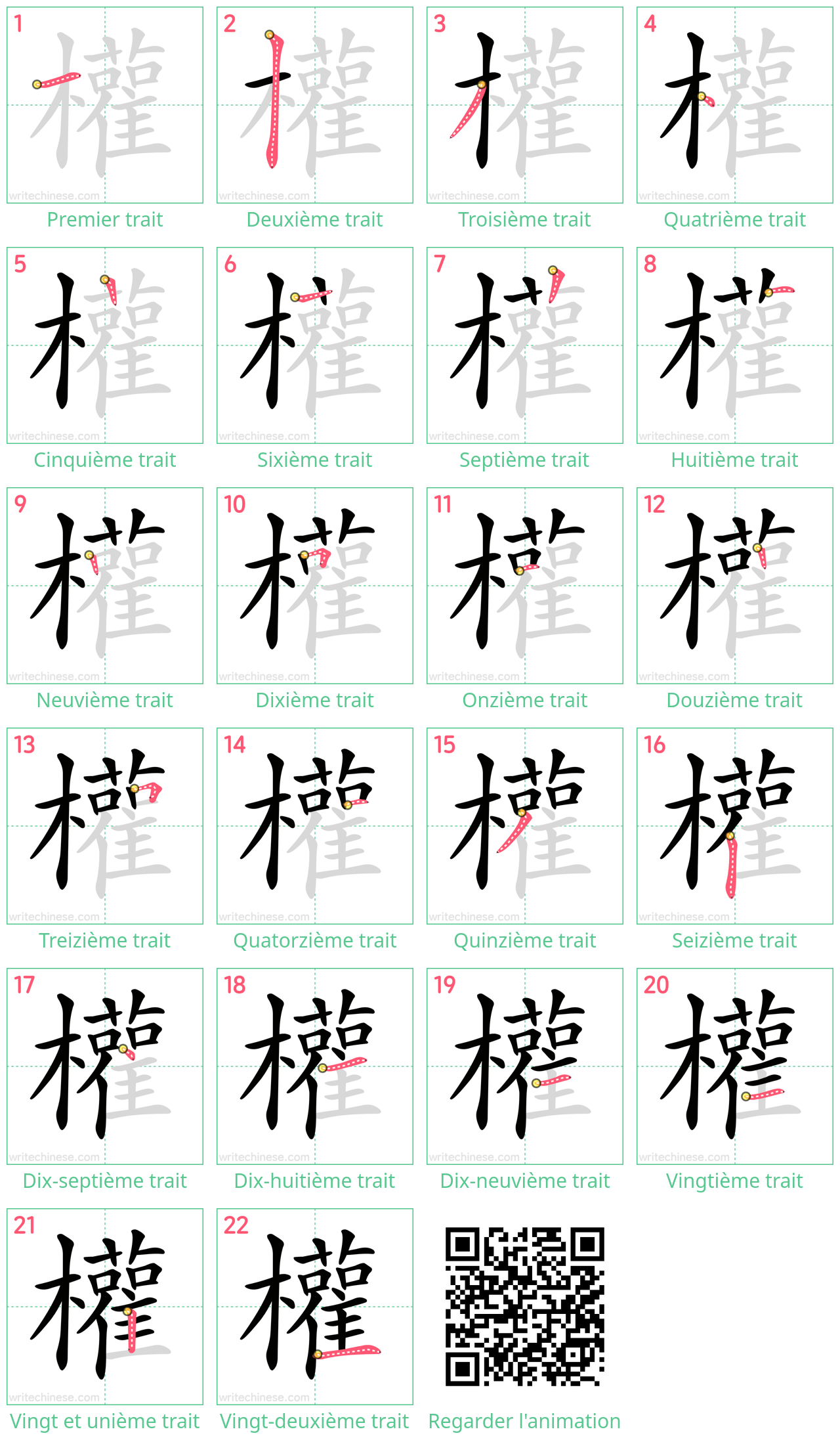 Diagrammes d'ordre des traits étape par étape pour le caractère 權