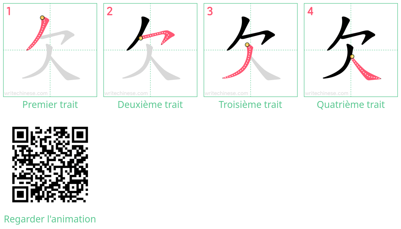 Diagrammes d'ordre des traits étape par étape pour le caractère 欠