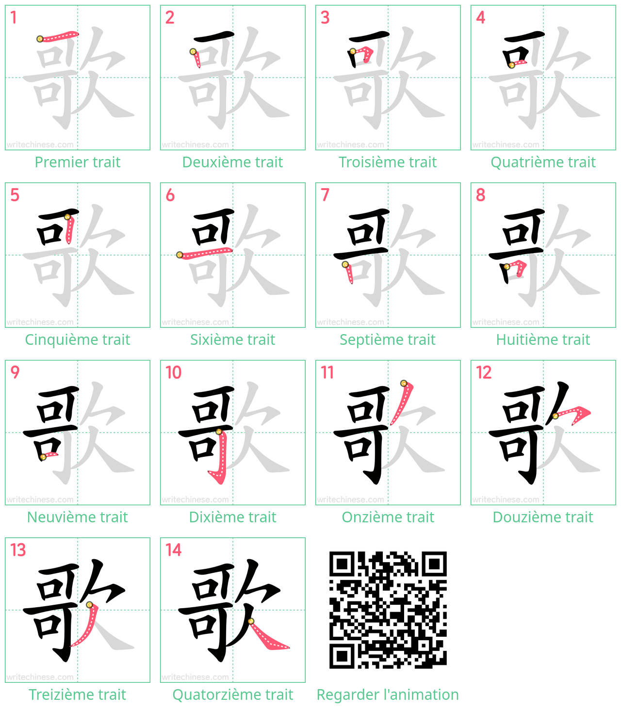 Diagrammes d'ordre des traits étape par étape pour le caractère 歌