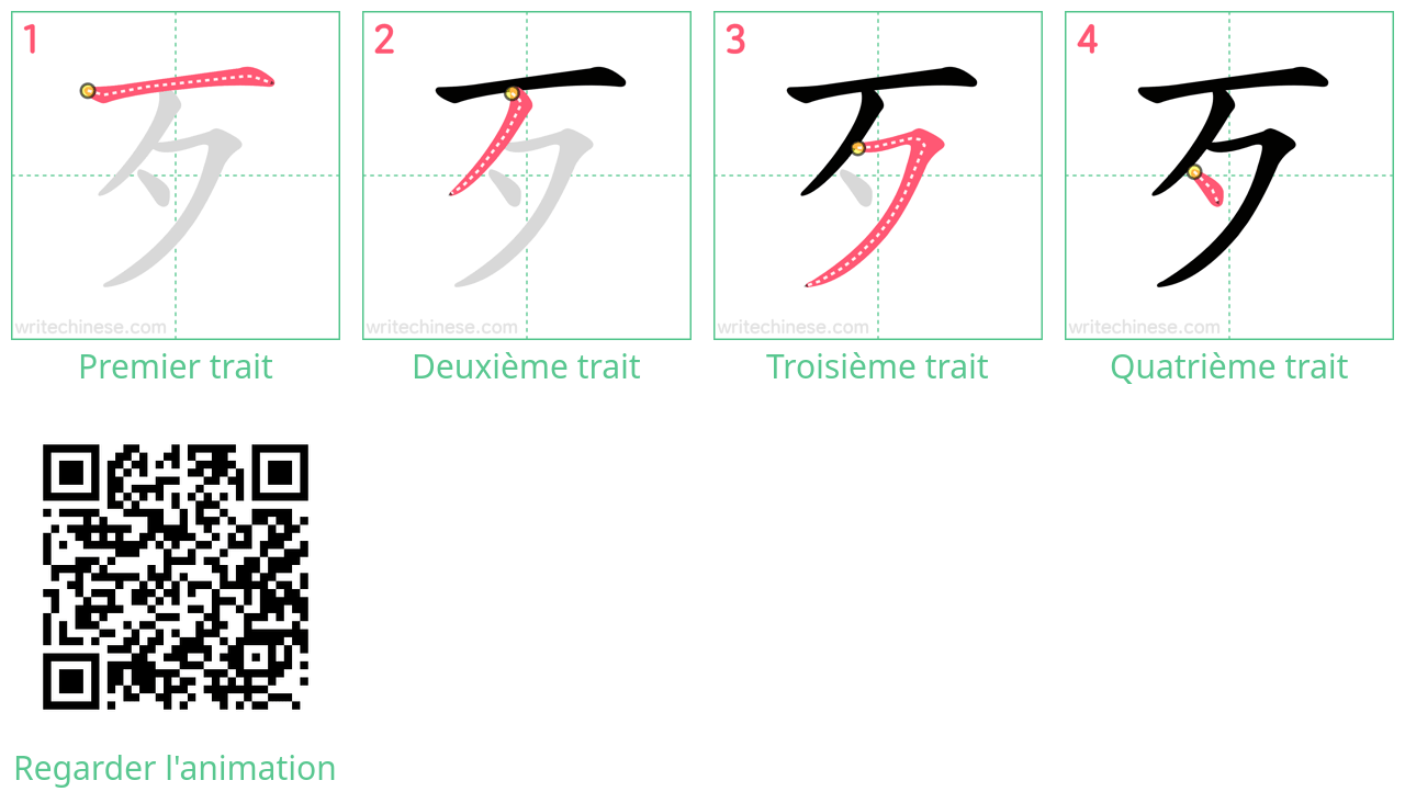 Diagrammes d'ordre des traits étape par étape pour le caractère 歹