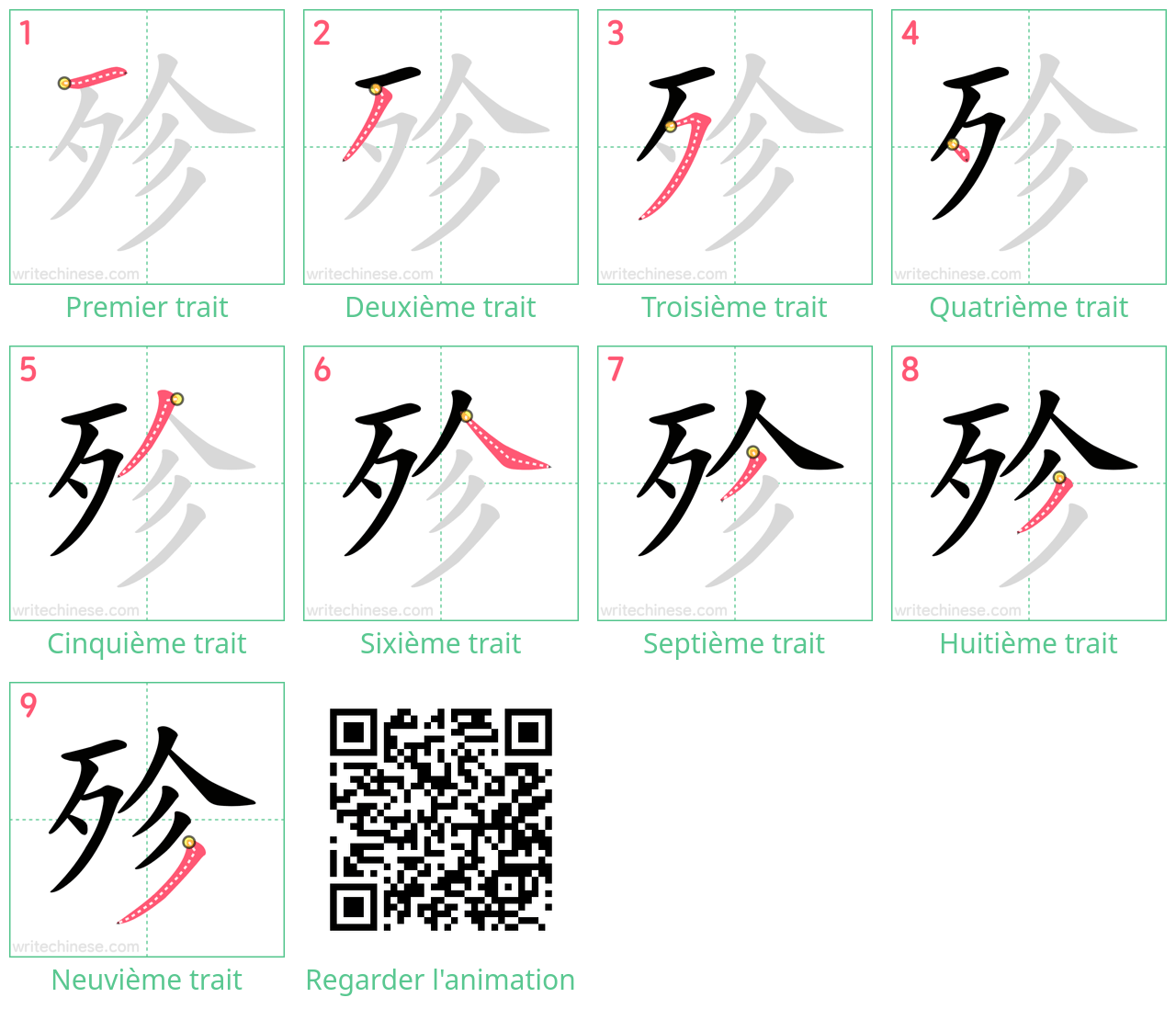 Diagrammes d'ordre des traits étape par étape pour le caractère 殄