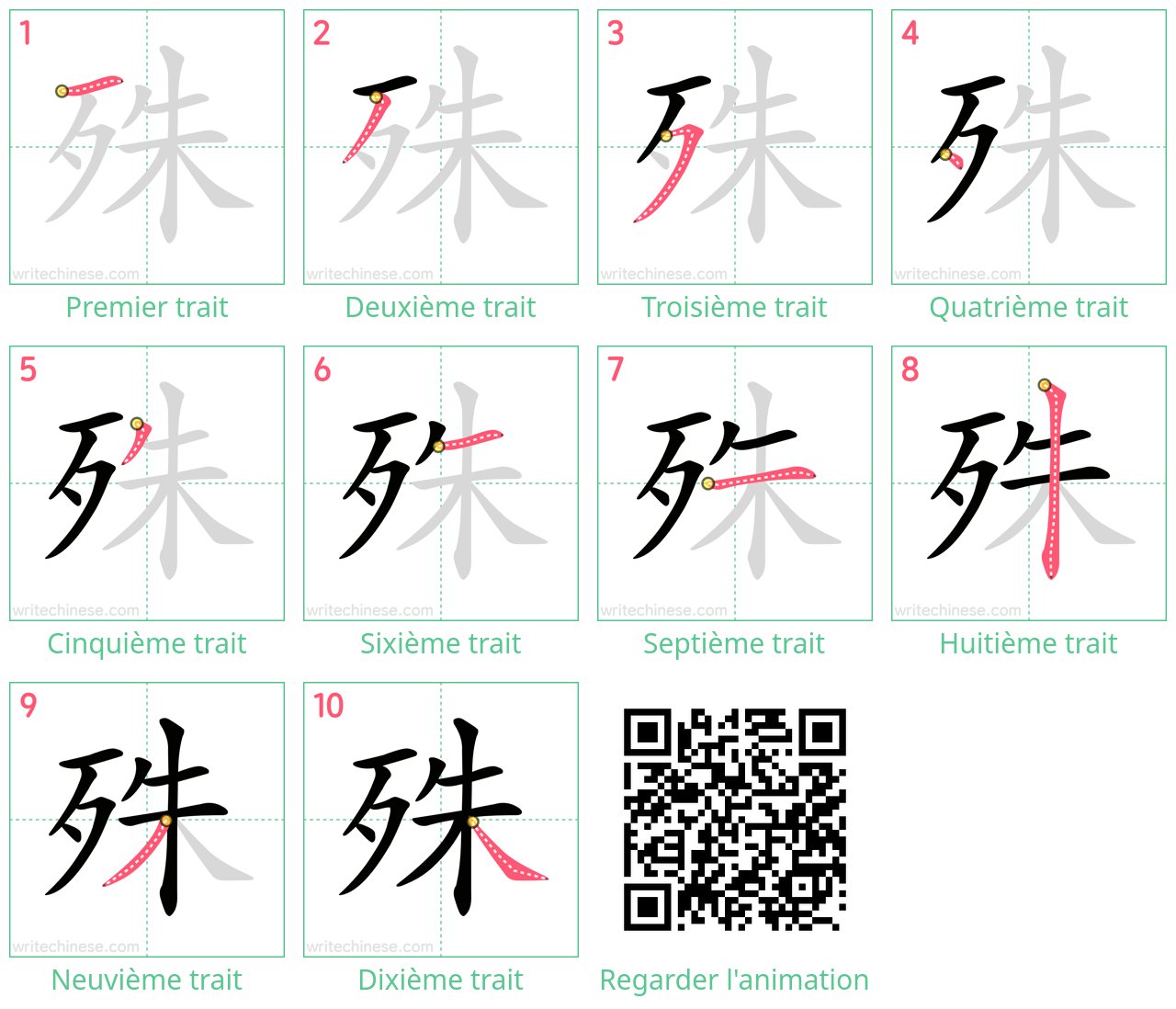 Diagrammes d'ordre des traits étape par étape pour le caractère 殊