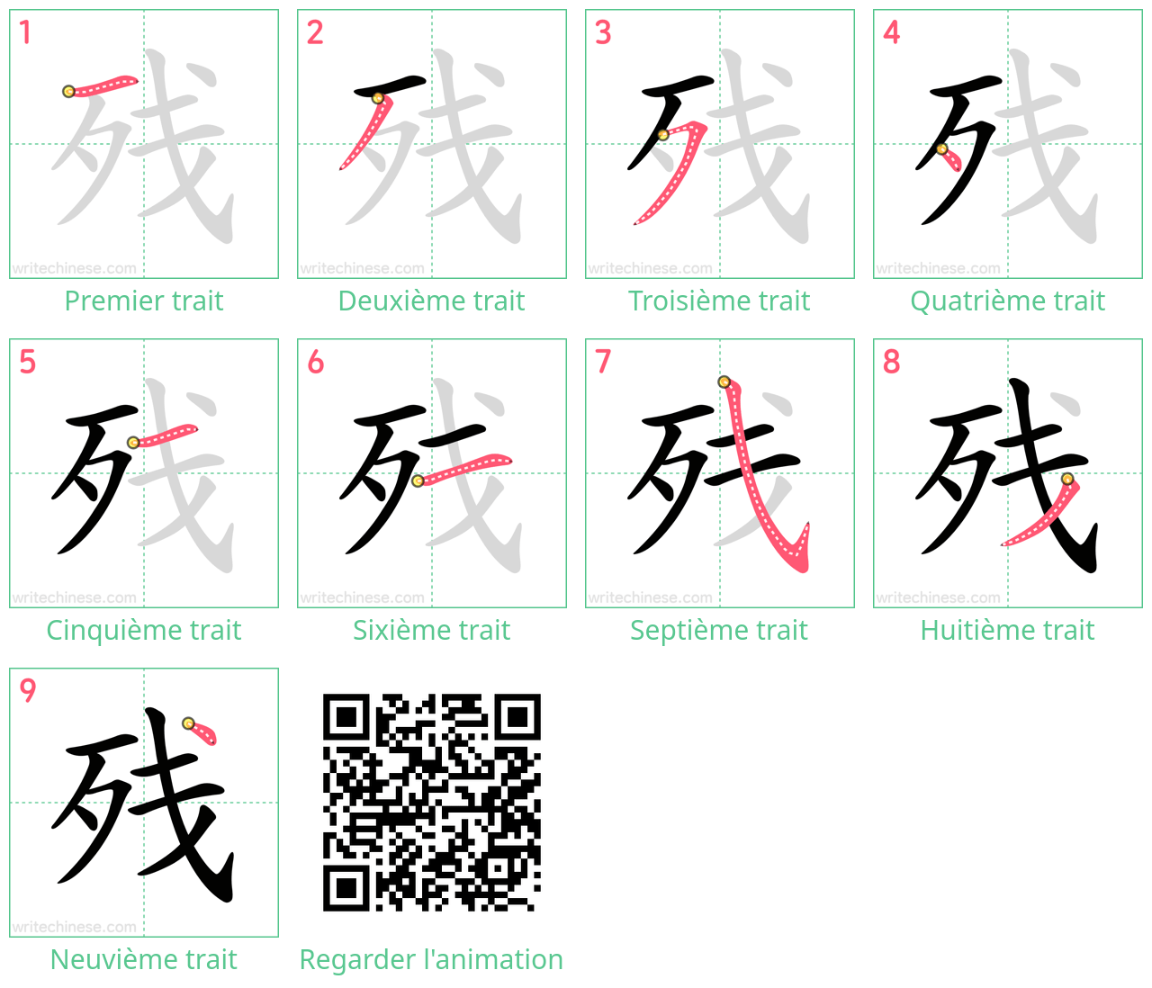 Diagrammes d'ordre des traits étape par étape pour le caractère 残