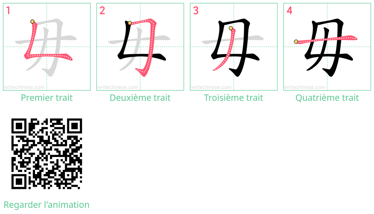 Diagrammes d'ordre des traits étape par étape pour le caractère 毋