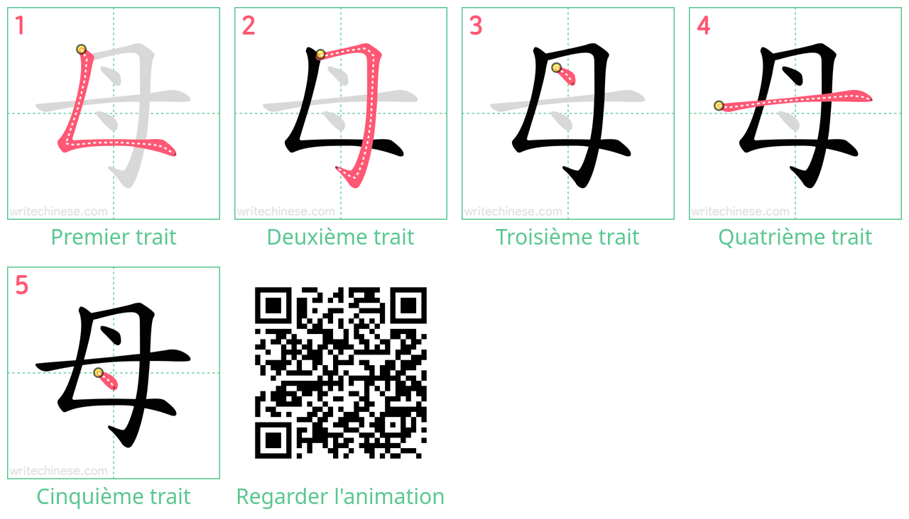 Diagrammes d'ordre des traits étape par étape pour le caractère 母