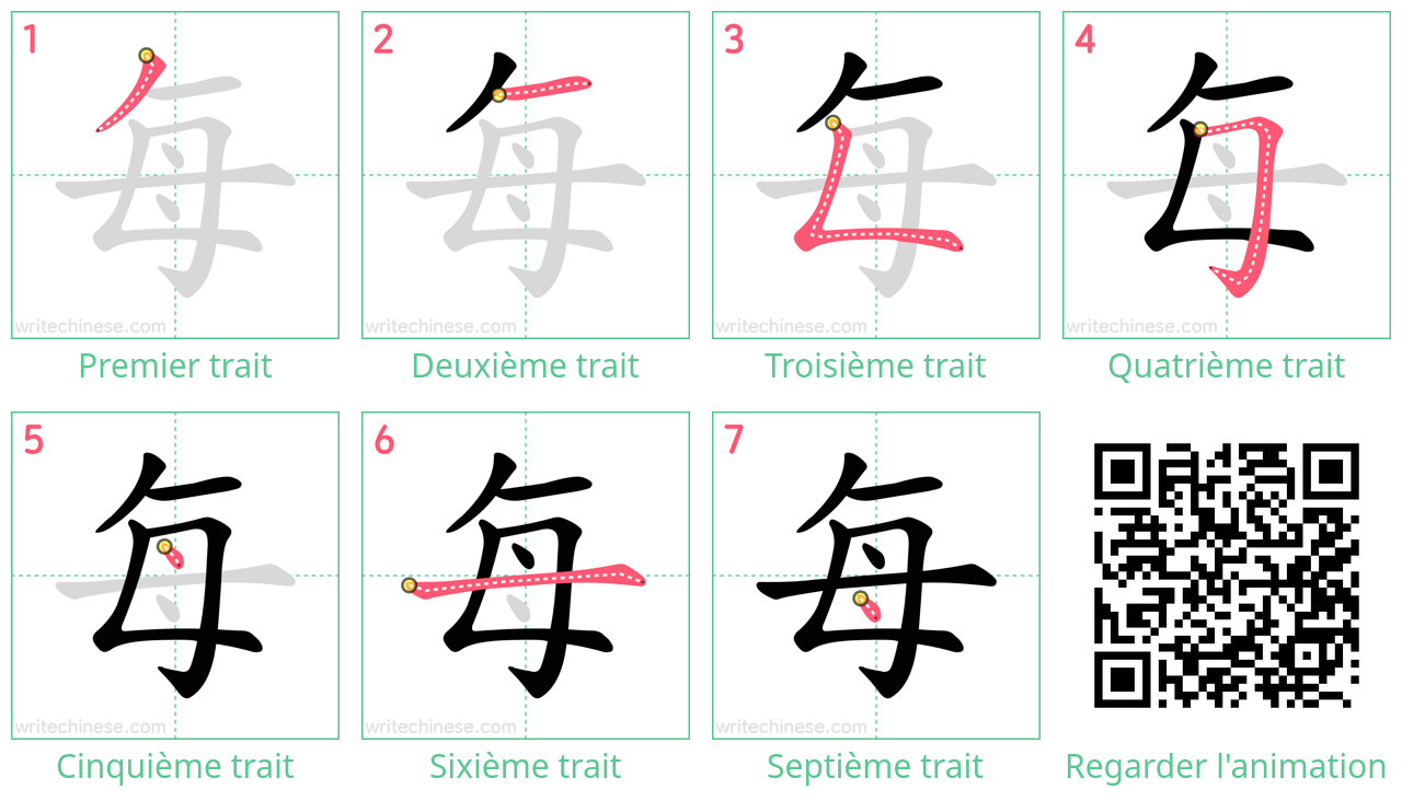 Diagrammes d'ordre des traits étape par étape pour le caractère 每