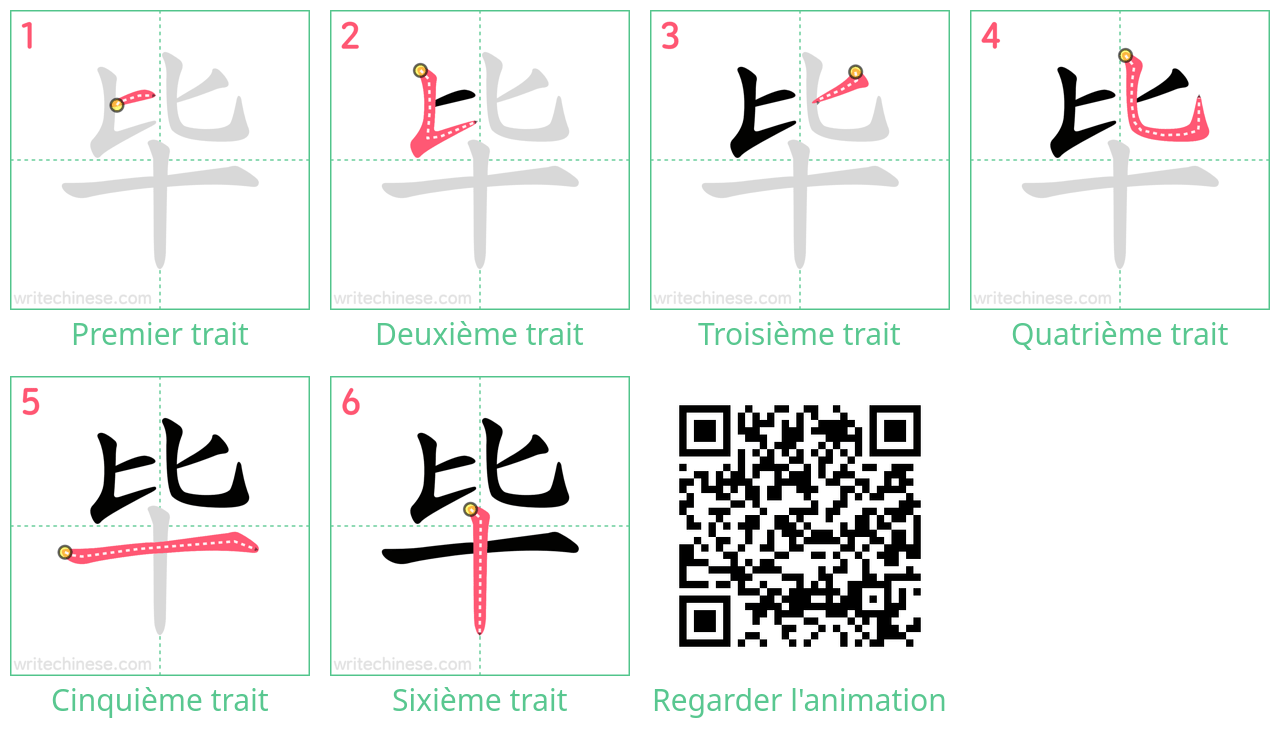 Diagrammes d'ordre des traits étape par étape pour le caractère 毕