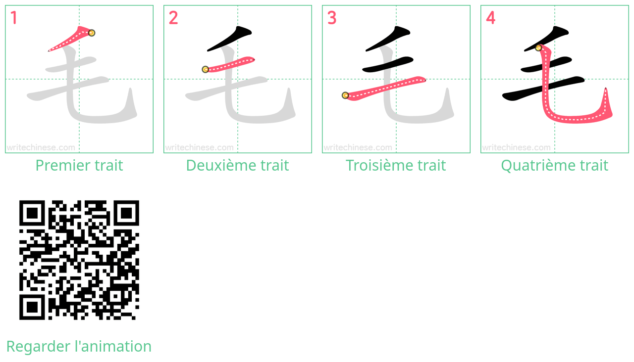 Diagrammes d'ordre des traits étape par étape pour le caractère 毛