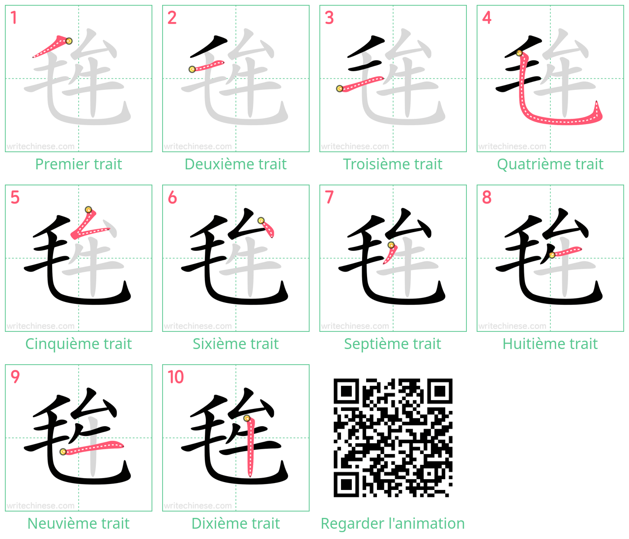 Diagrammes d'ordre des traits étape par étape pour le caractère 毪