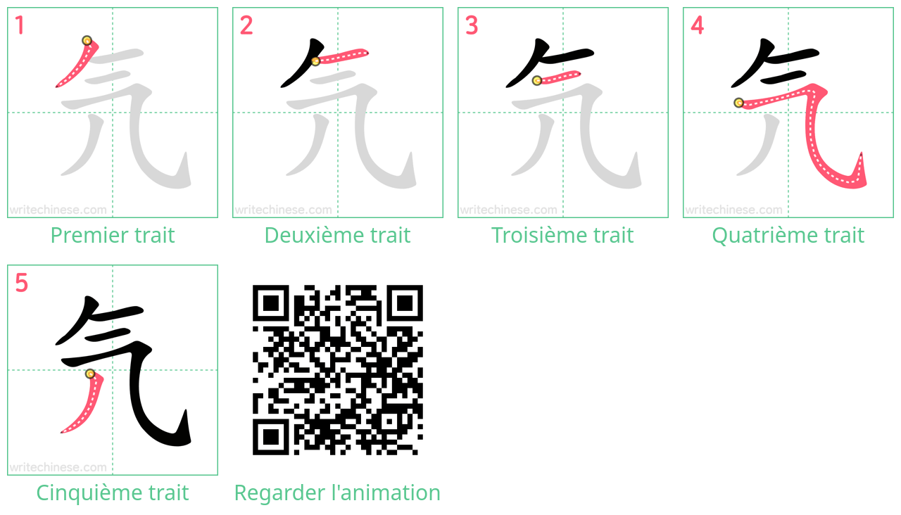 Diagrammes d'ordre des traits étape par étape pour le caractère 氕