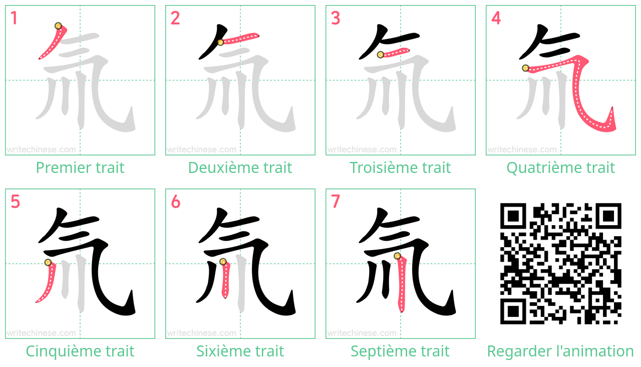 Diagrammes d'ordre des traits étape par étape pour le caractère 氚