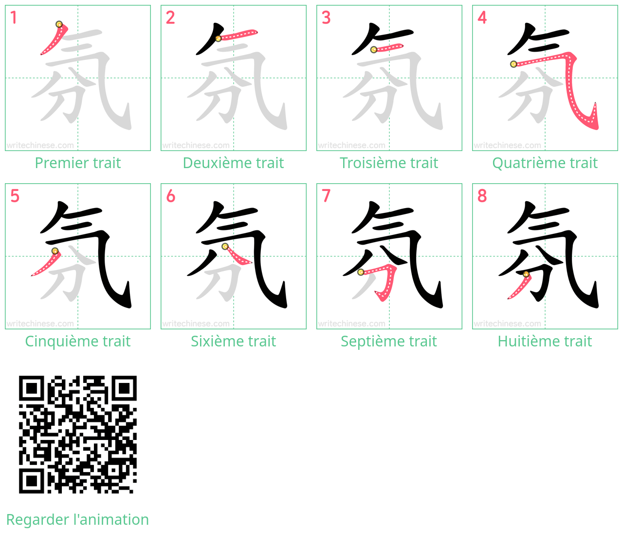 Diagrammes d'ordre des traits étape par étape pour le caractère 氛