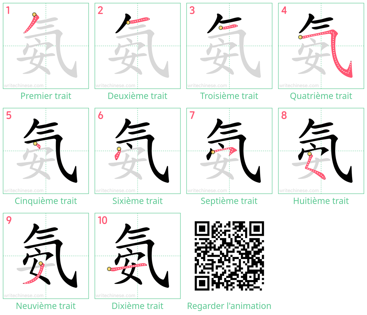 Diagrammes d'ordre des traits étape par étape pour le caractère 氨