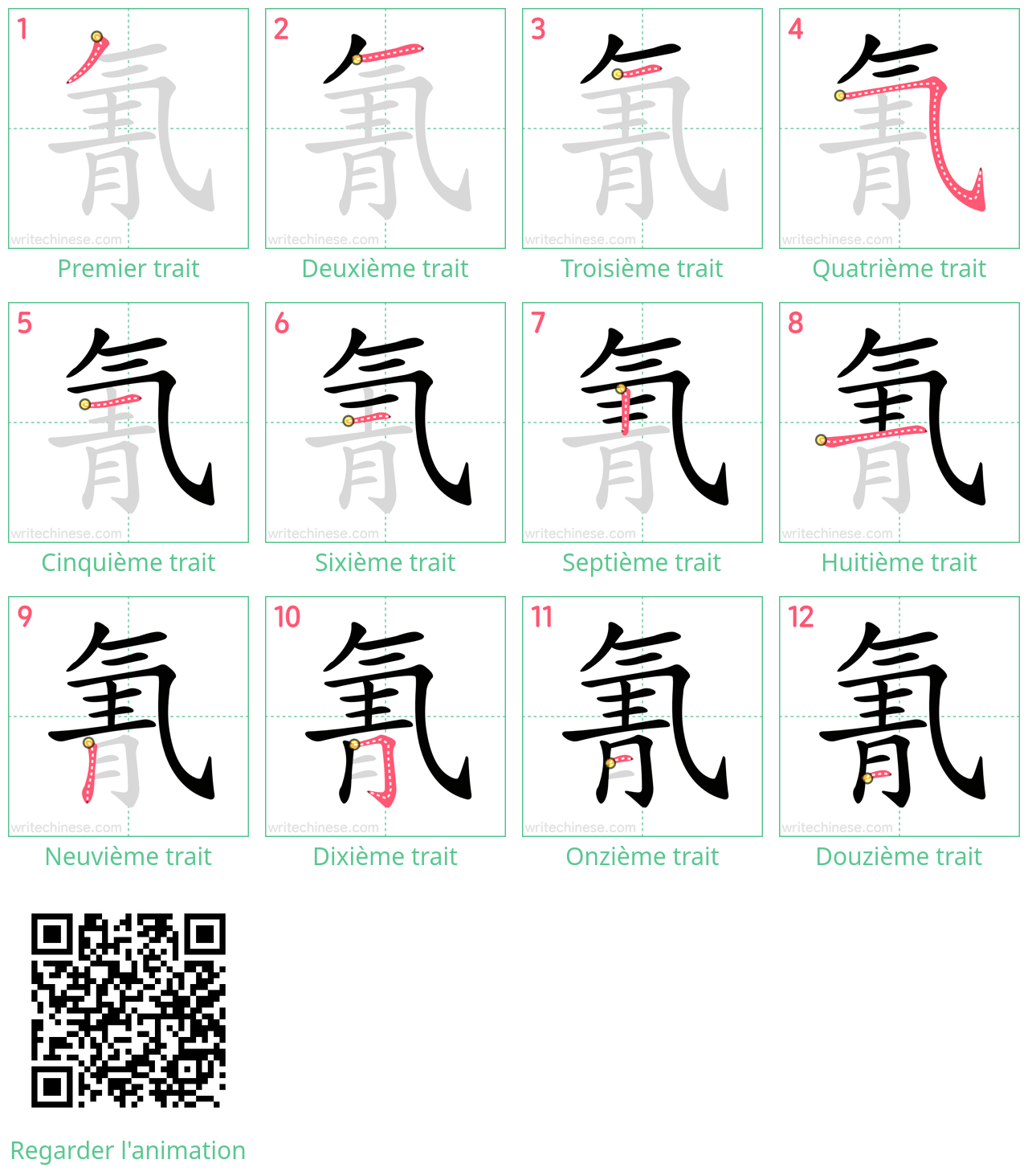 Diagrammes d'ordre des traits étape par étape pour le caractère 氰