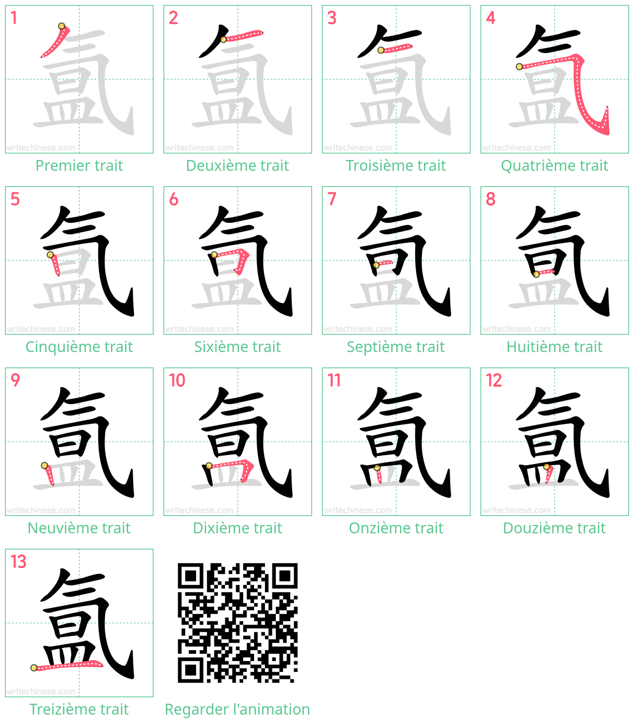 Diagrammes d'ordre des traits étape par étape pour le caractère 氲