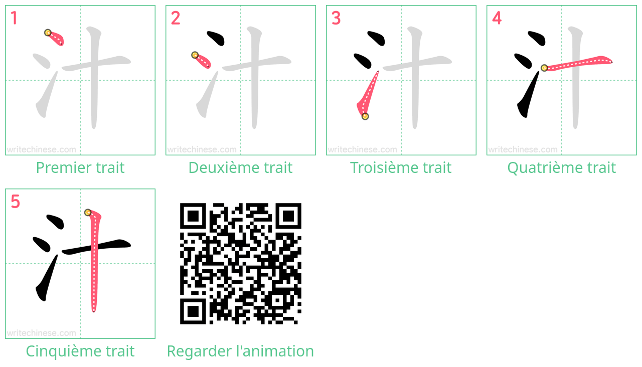 Diagrammes d'ordre des traits étape par étape pour le caractère 汁