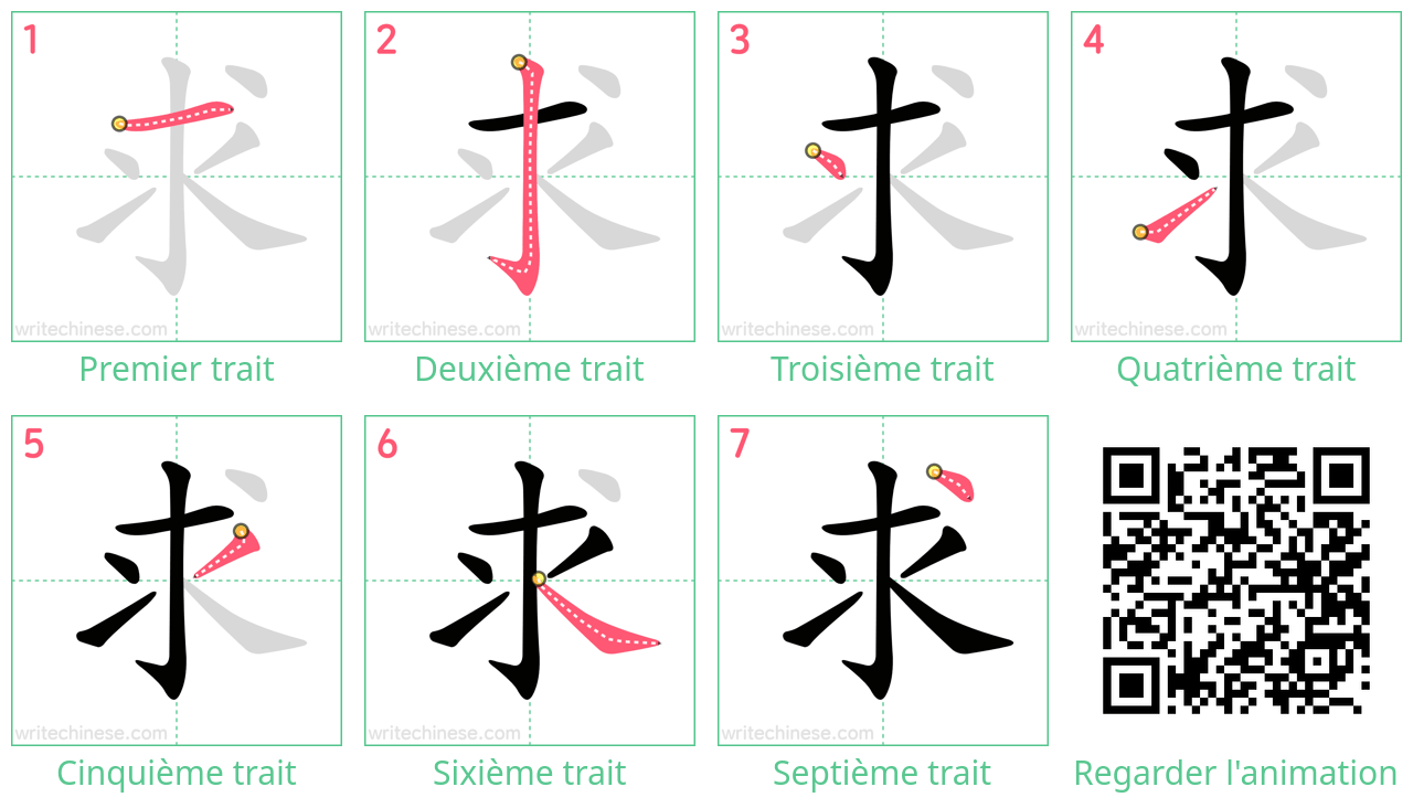 Diagrammes d'ordre des traits étape par étape pour le caractère 求