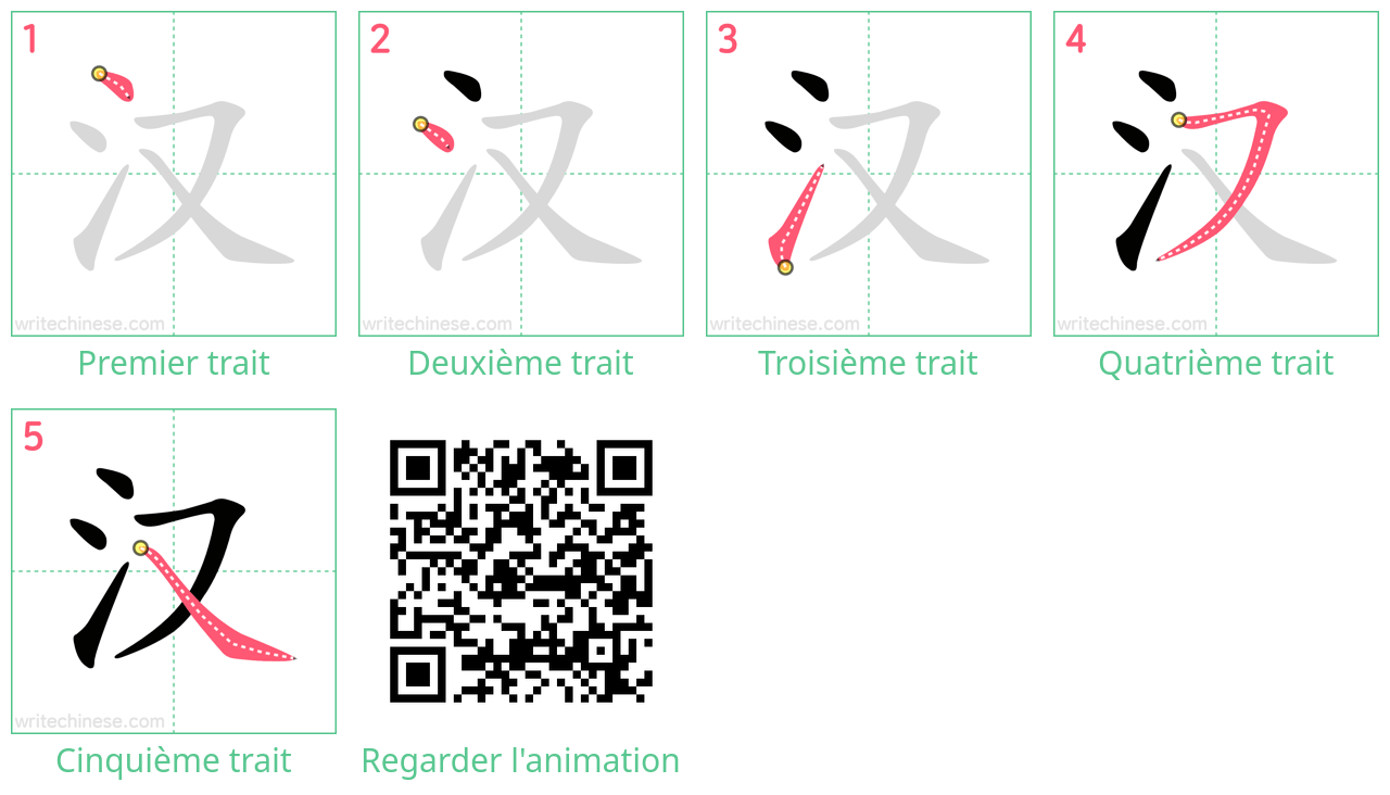 Diagrammes d'ordre des traits étape par étape pour le caractère 汉