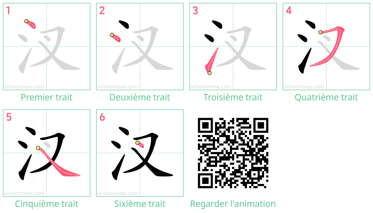 Diagrammes d'ordre des traits étape par étape pour le caractère 汊