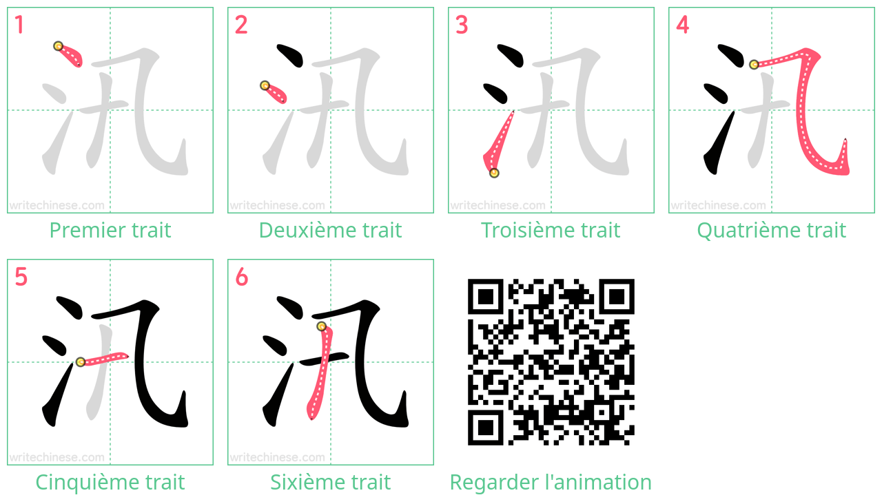 Diagrammes d'ordre des traits étape par étape pour le caractère 汛