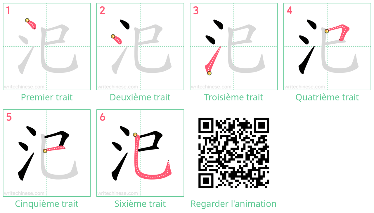 Diagrammes d'ordre des traits étape par étape pour le caractère 汜