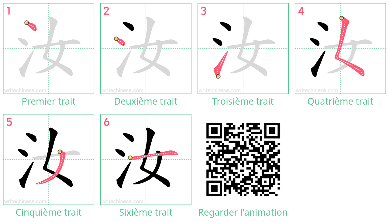 Diagrammes d'ordre des traits étape par étape pour le caractère 汝