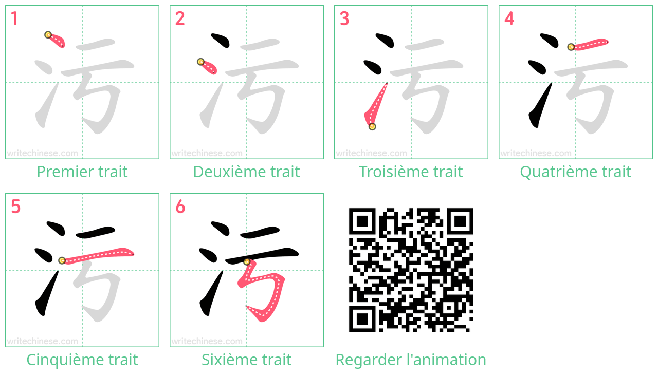 Diagrammes d'ordre des traits étape par étape pour le caractère 污