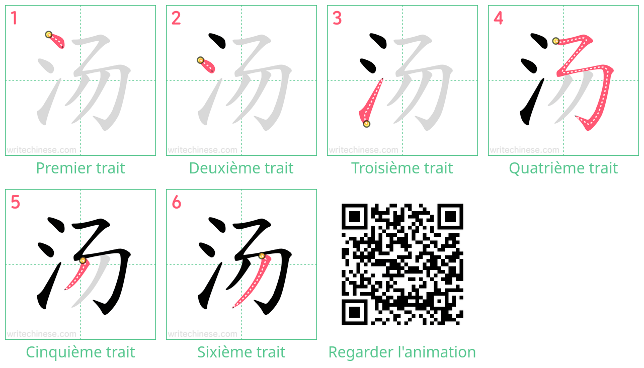 Diagrammes d'ordre des traits étape par étape pour le caractère 汤