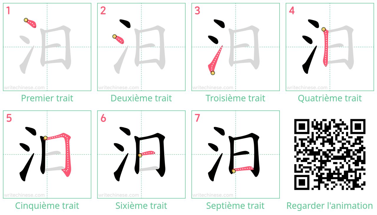 Diagrammes d'ordre des traits étape par étape pour le caractère 汨