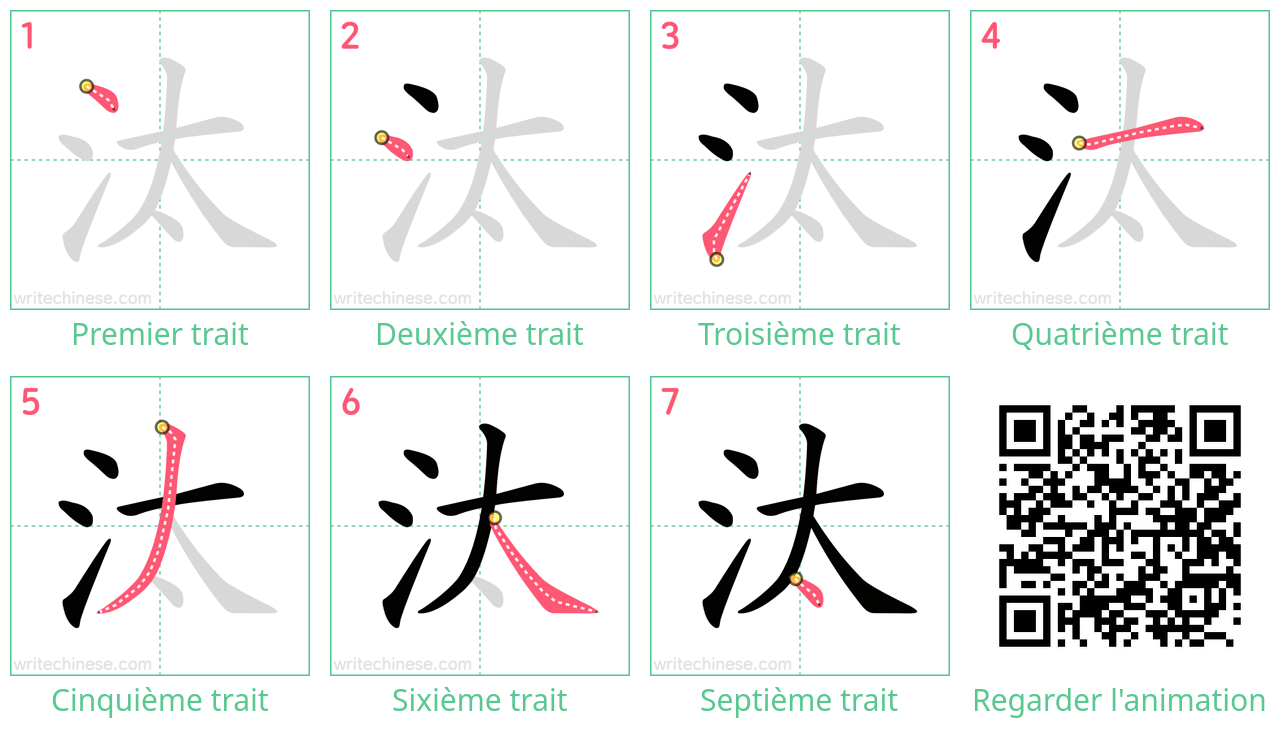 Diagrammes d'ordre des traits étape par étape pour le caractère 汰