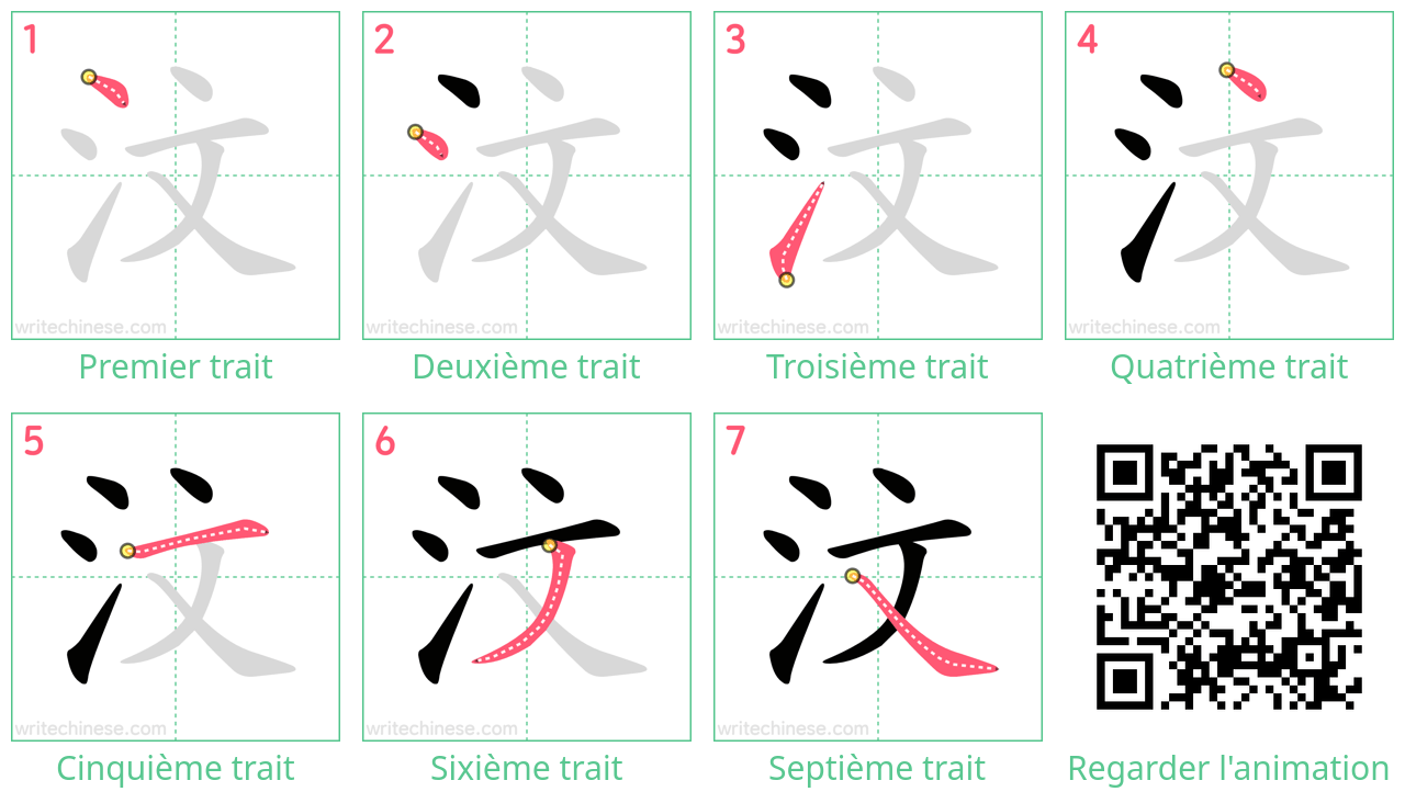 Diagrammes d'ordre des traits étape par étape pour le caractère 汶