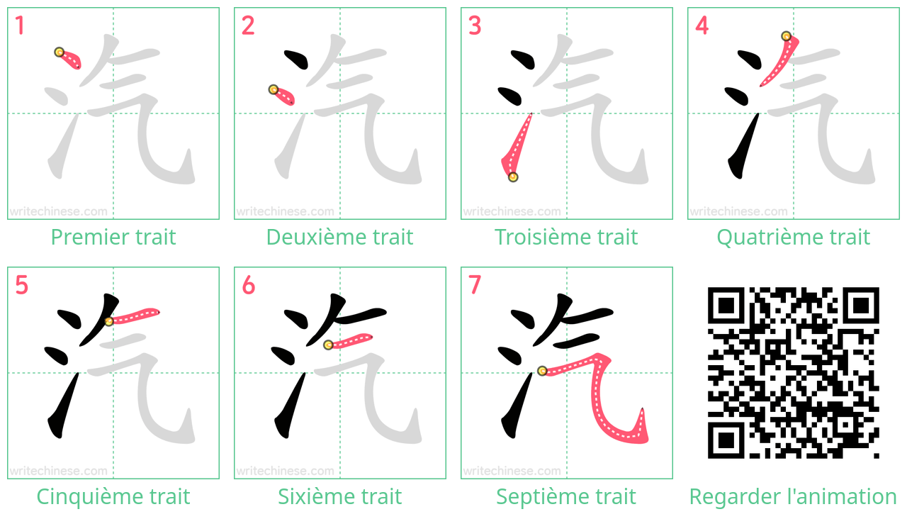 Diagrammes d'ordre des traits étape par étape pour le caractère 汽